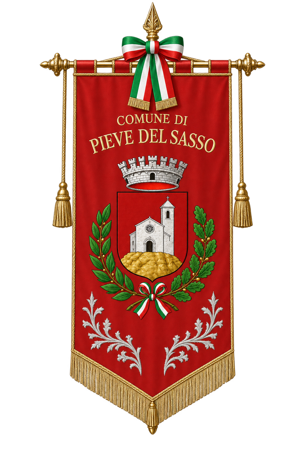 Gonfalone rosso con stemma e denominazione Comune di Pieve del Sasso