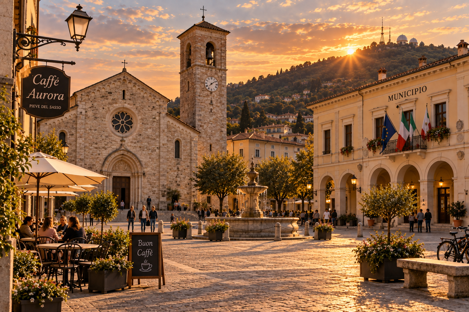 Piazza della Pieve al tramonto, con la fontana e le luci dei locali sotto i portici